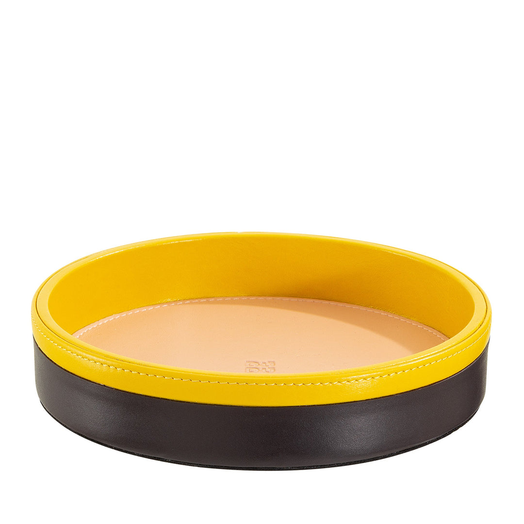 Round yellow and brown leather tray with raised edges