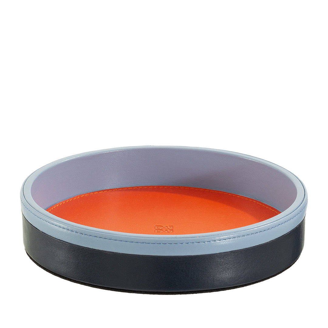 Luxury round leather tray in blue and orange with stitched detailing