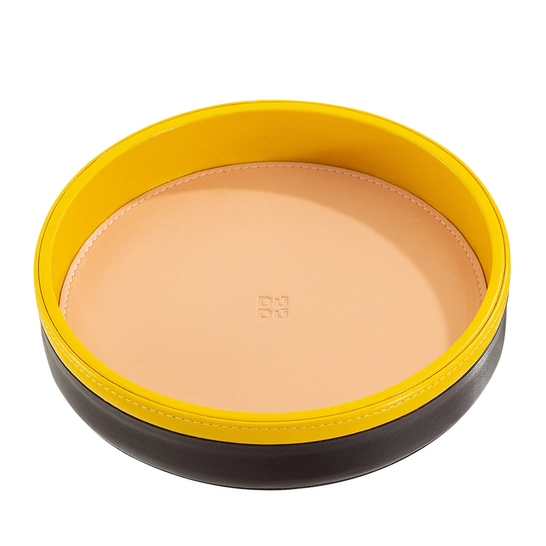 Yellow and black round leather tray with stitched edges