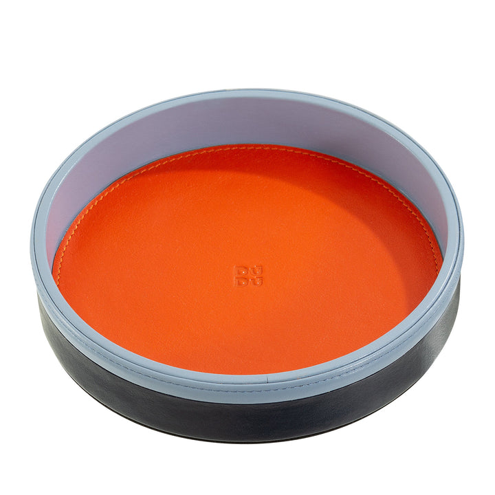 Round leather tray with orange interior and blue exterior trim