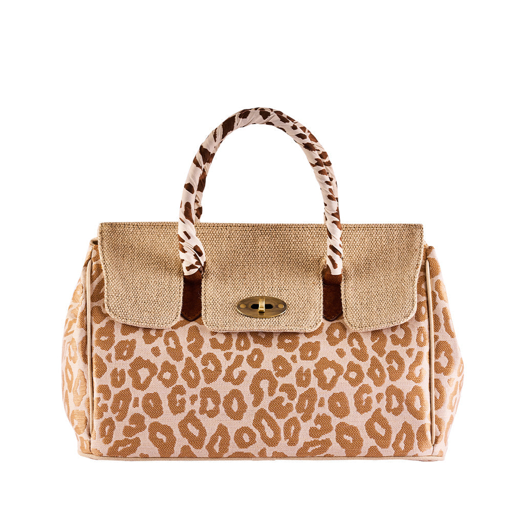 Leopard print handbag with dual handles and flip-lock closure