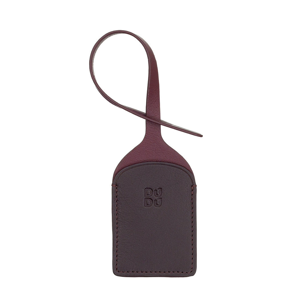 Dark brown leather luggage tag with embossed Dudu logo and strap