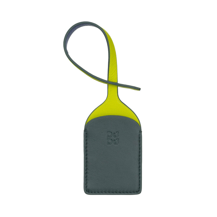 Green and yellow leather luggage tag with embossed logo