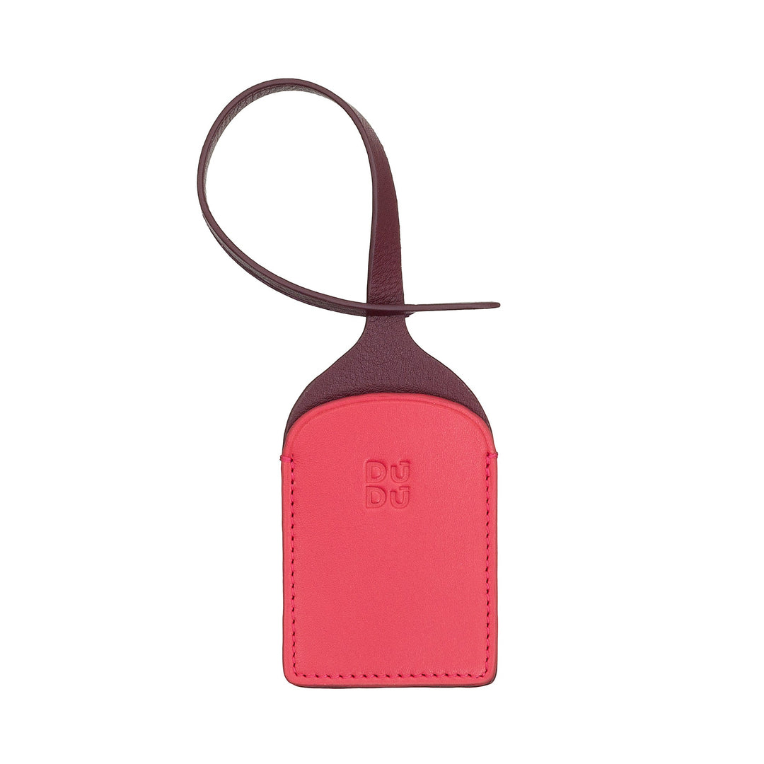 Red leather luggage tag with attached strap