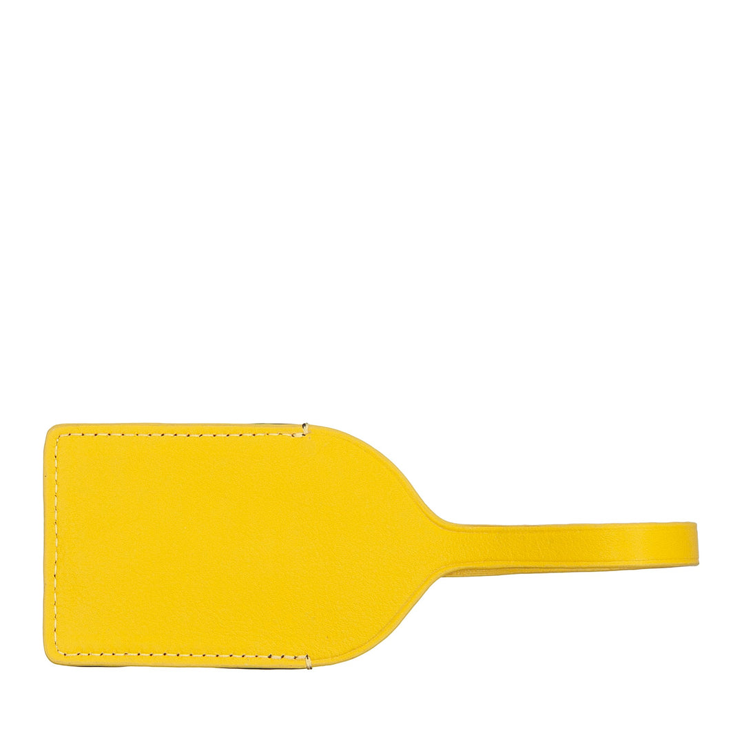 Bright yellow leather luggage tag with stitching detail