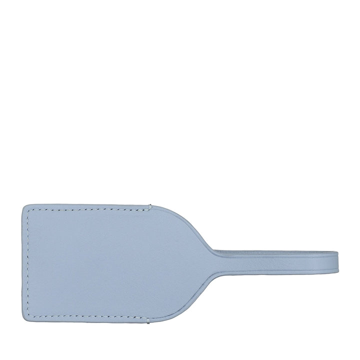 Light blue leather luggage tag with stitched edges and an attached strap