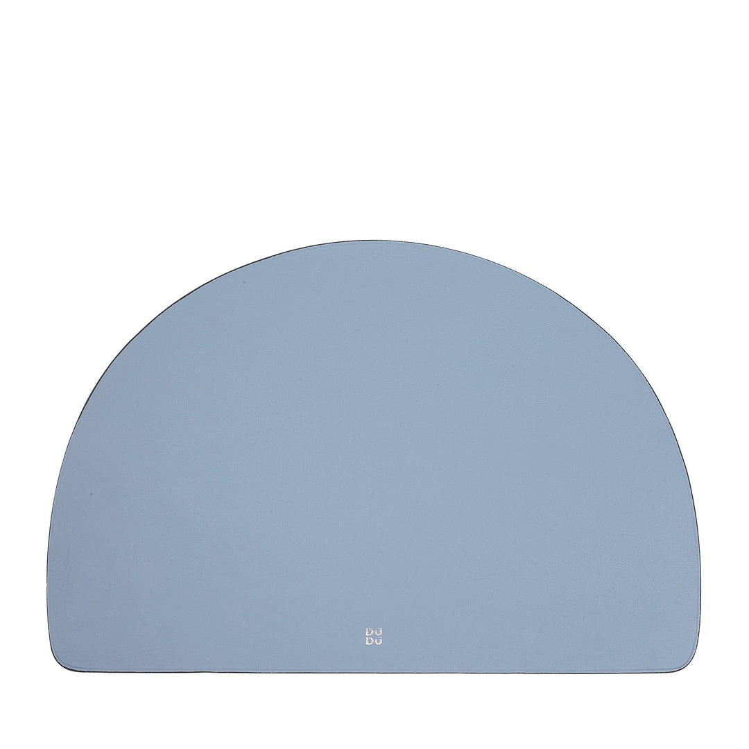 Half-circle light blue desk mat with white logo
