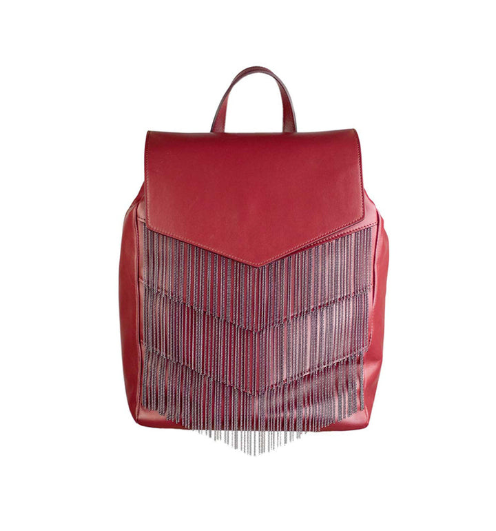 Red leather backpack with fringe detailing on the front