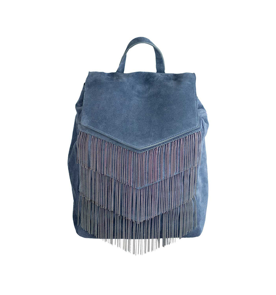Blue suede backpack with fringe detailing
