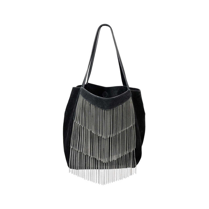 Black fringe tote bag with long handles and decorative tassels