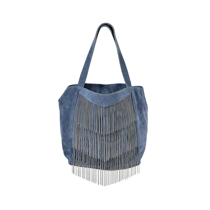 Blue suede tote bag with fringe details
