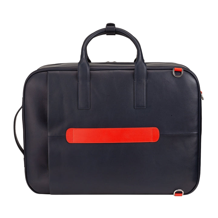 Sleek black leather travel bag with red accents and handles