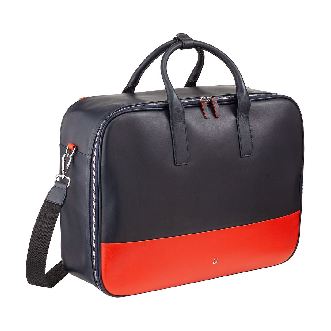 Stylish black and red leather travel bag with shoulder strap