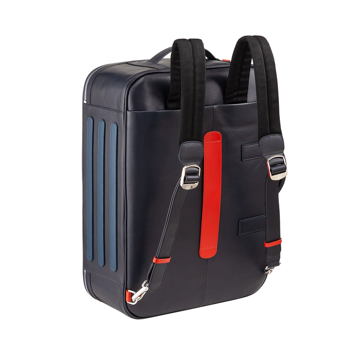 Black leather backpack with red and blue accents