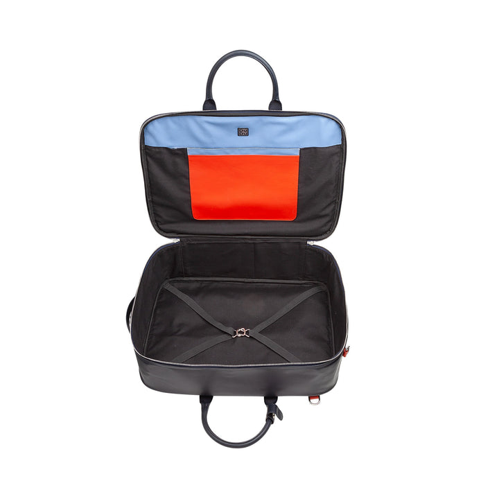 Open black suitcase with a blue and red interior flap and empty interior compartment