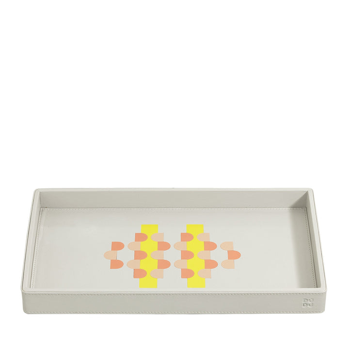 Rectangular white leather tray with geometric orange and yellow pattern