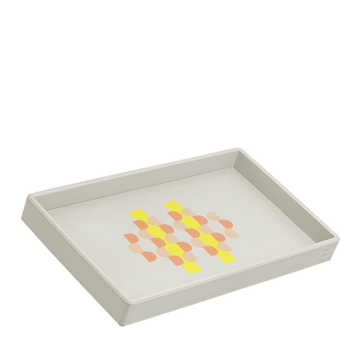 Rectangular white tray with geometric pattern in pastel colors