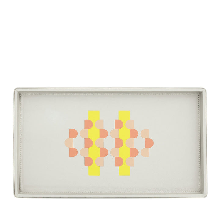 Rectangular white serving tray with multicolored geometric design