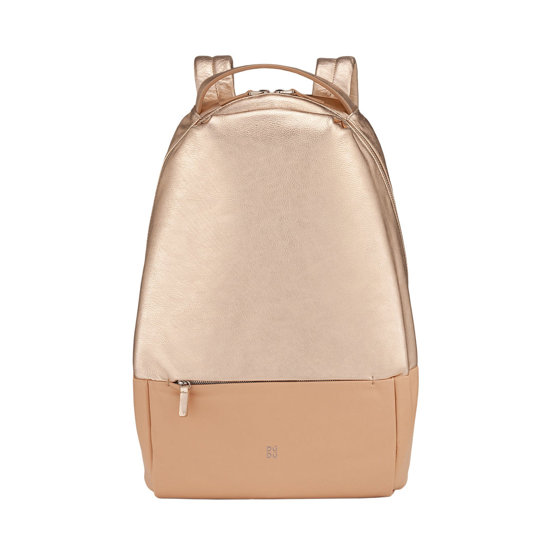 Rose gold and beige designer backpack with a handle and front zip pocket