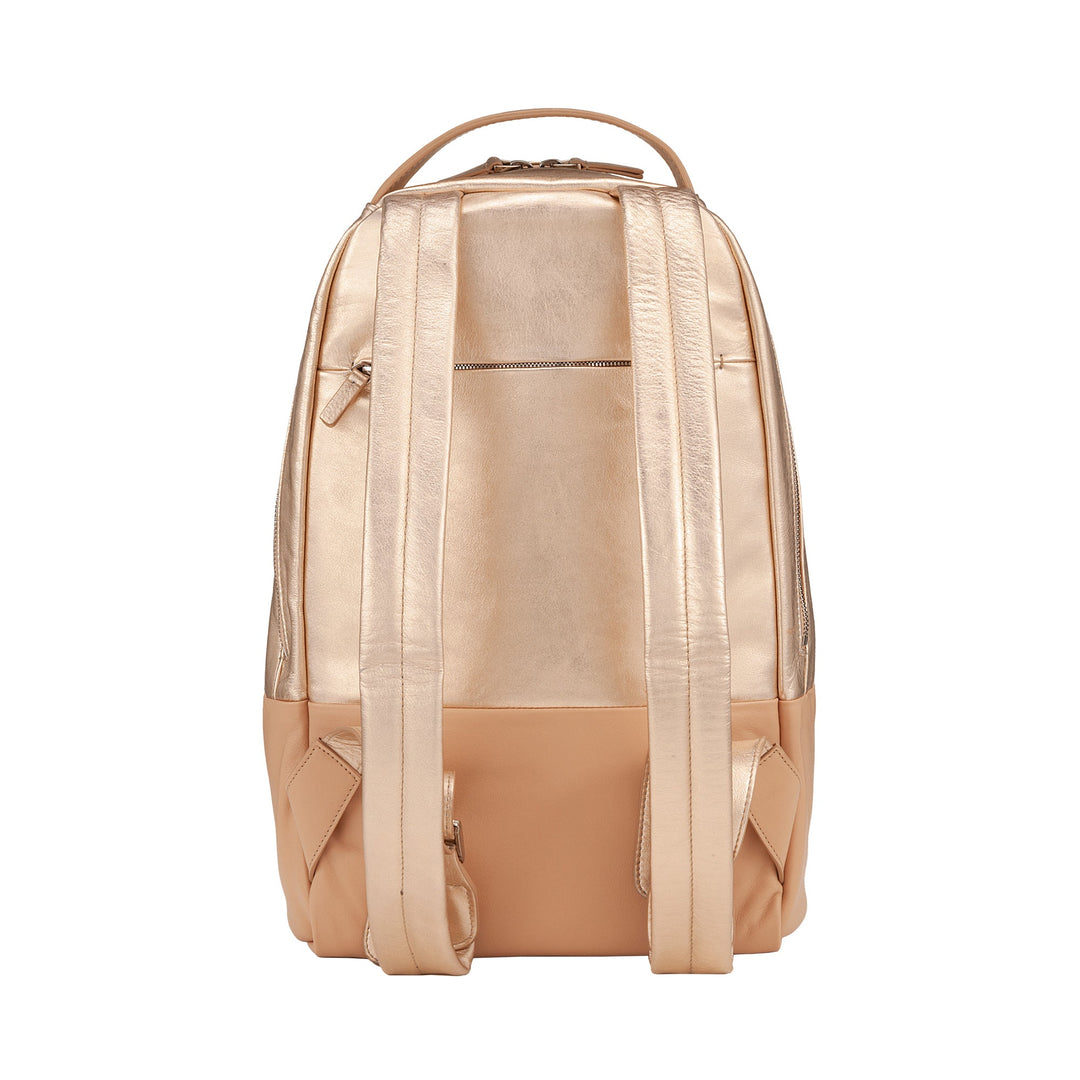 Golden beige backpack with adjustable straps and multiple compartments