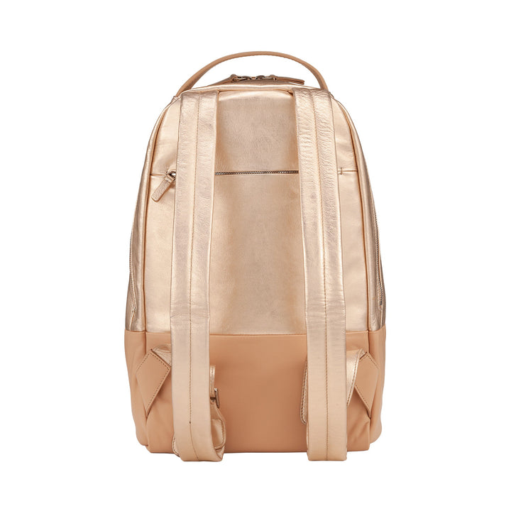Golden beige backpack with adjustable straps and multiple compartments