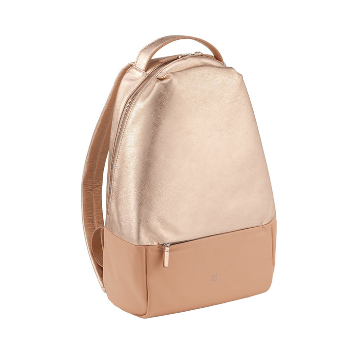 Rose gold backpack with front zipper pocket and padded shoulder straps
