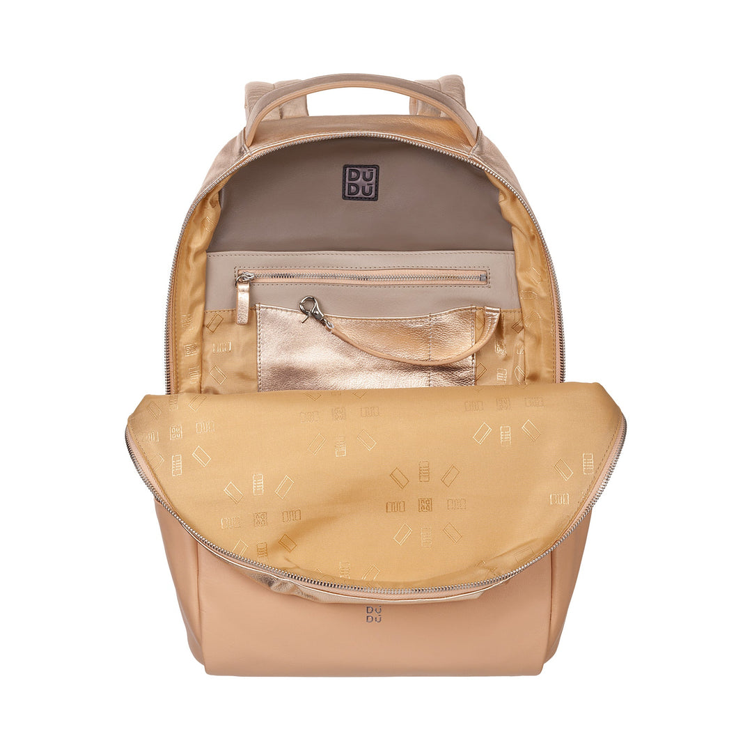 Tan leather backpack with open front pocket and multiple compartments, brand logo visible