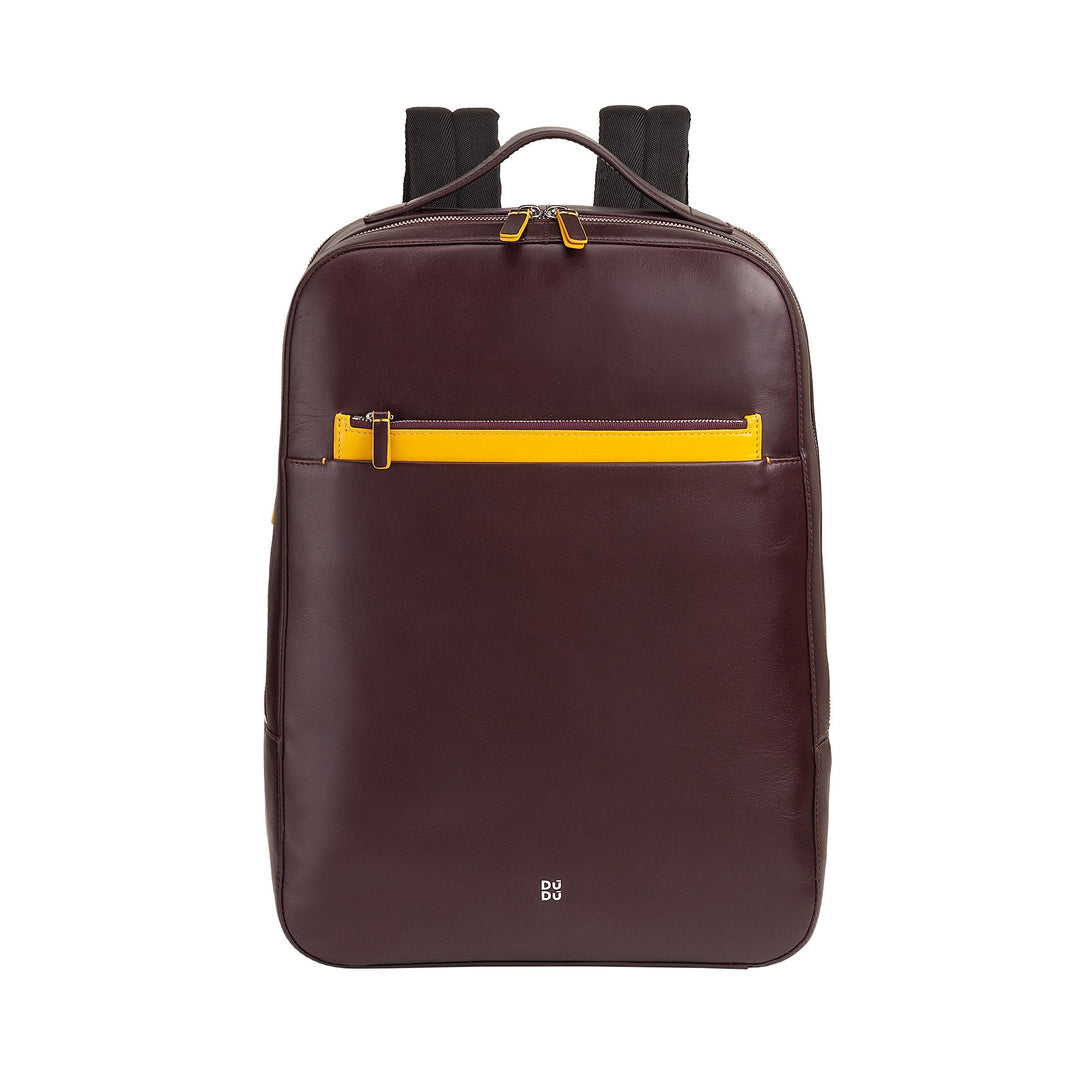 Maroon leather backpack with yellow accents and front zipper pocket
