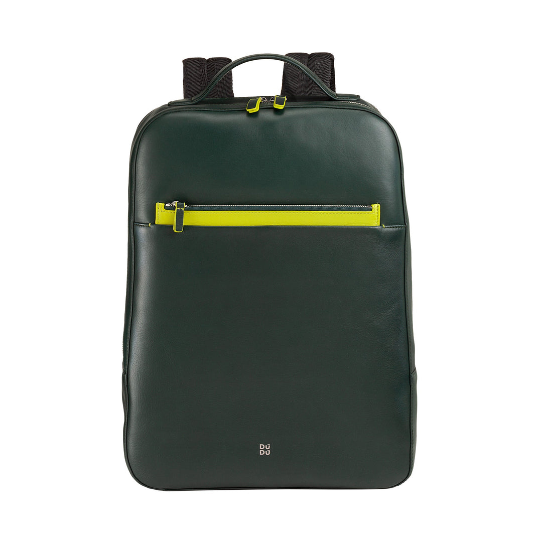 Green leather backpack with yellow zipper and top handle