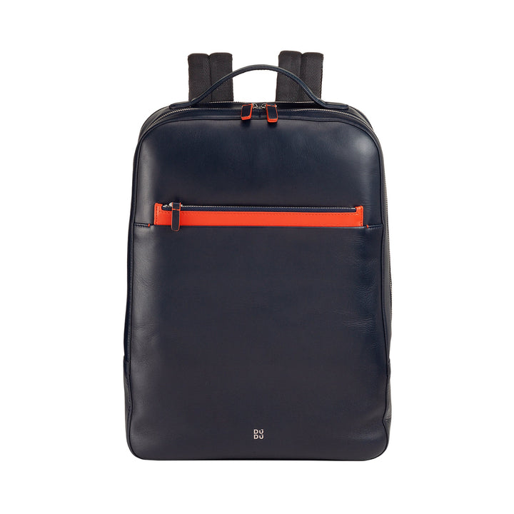 Modern black leather backpack with orange accent and front zip pocket