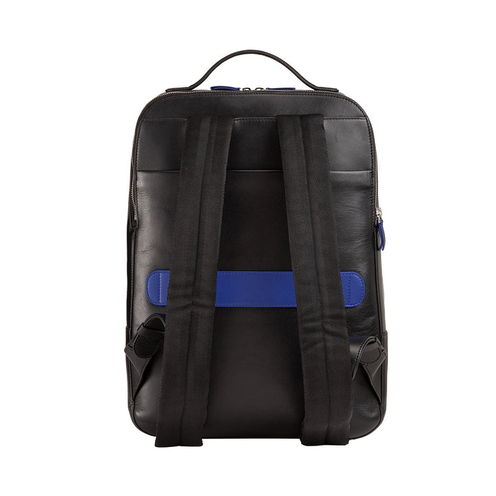 Black leather backpack with blue accent and padded shoulder straps