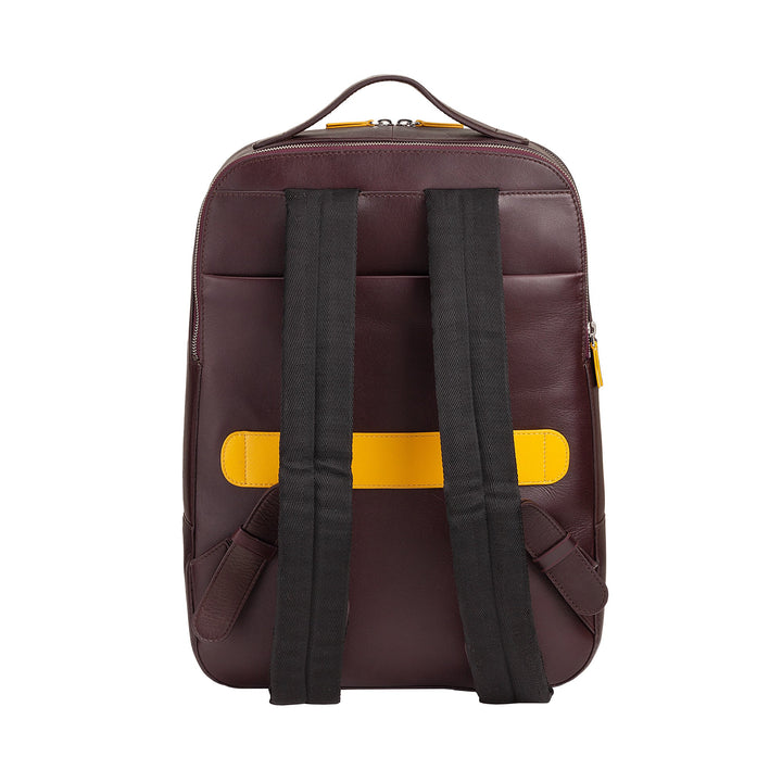 Maroon leather backpack with black straps and yellow accents