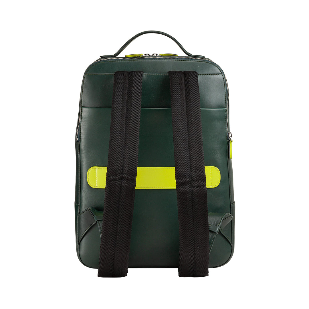 Green leather backpack with black and yellow straps, rear view