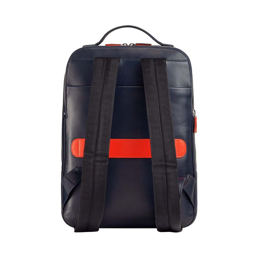 Back view of a navy blue backpack with black straps and red accents