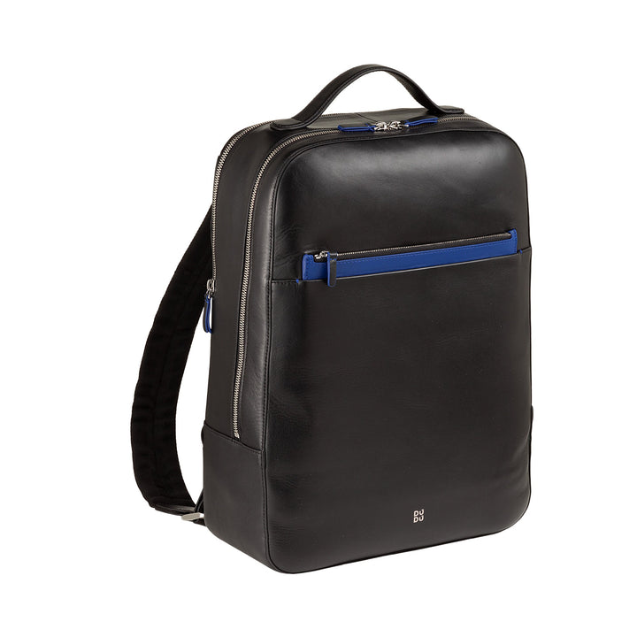 Sleek black leather backpack with blue accents and zippered front pocket