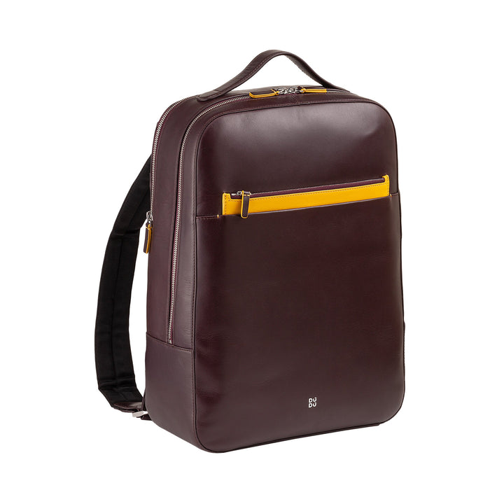 Elegant brown leather backpack with yellow accents