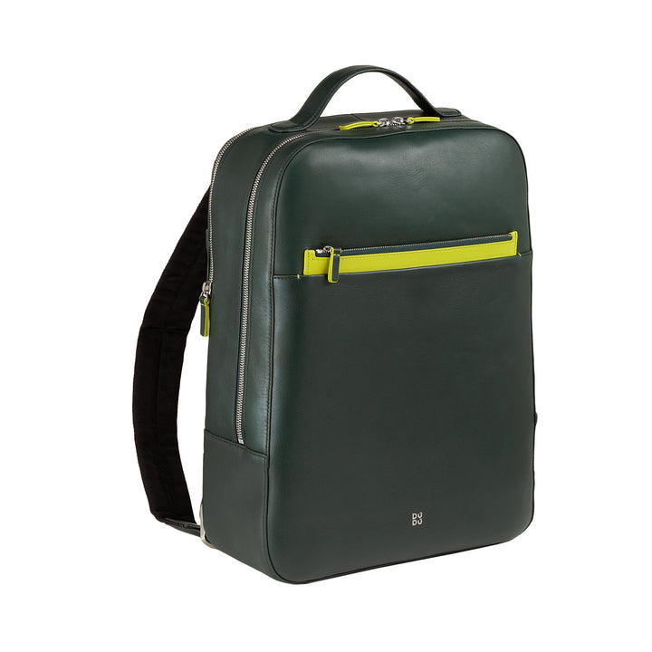 Dark green leather backpack with yellow accents and multiple zippered compartments