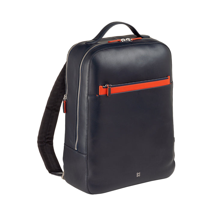 Sleek black leather backpack with orange accents and front pocket