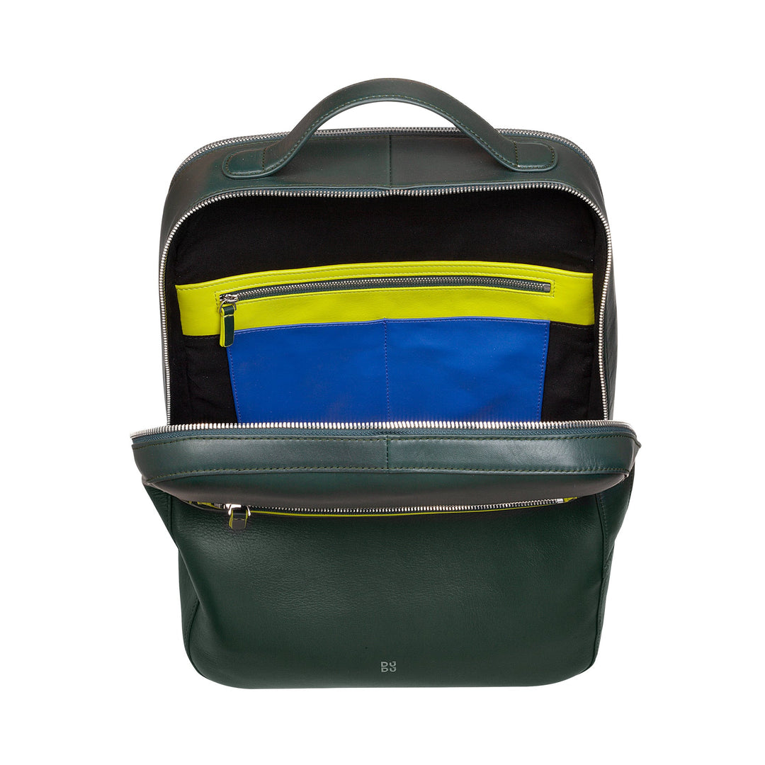Green leather backpack with multiple colorful interior pockets and zippers