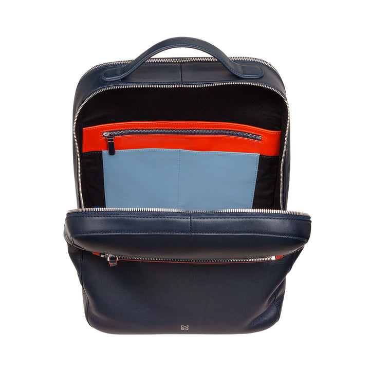 Navy blue backpack with open front pocket and colorful interior pockets