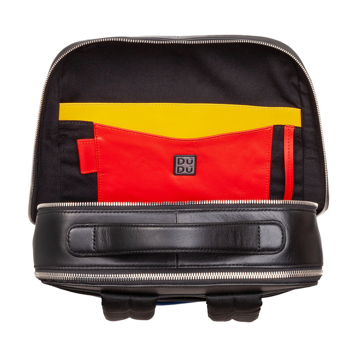 Open black backpack with colorful internal pockets