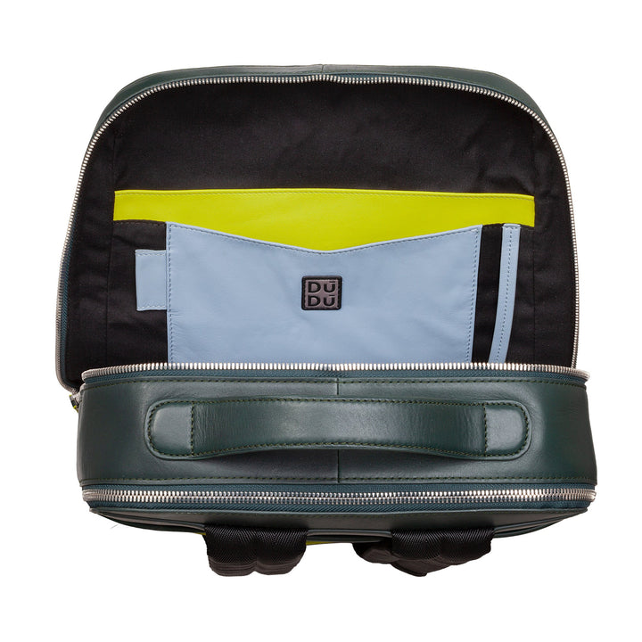 Open green leather backpack with colorful interior pockets and zippers