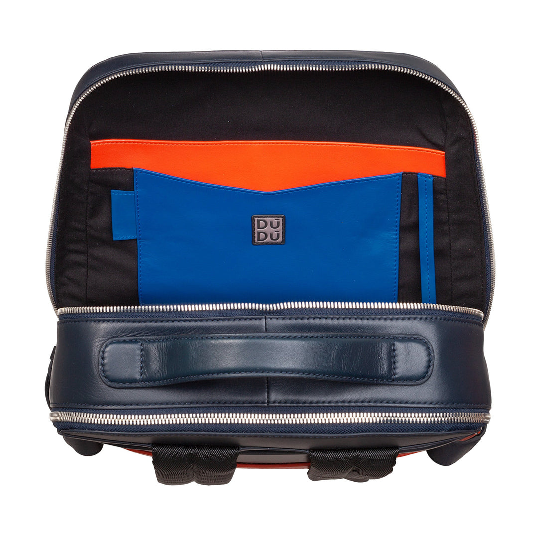Open stylish blue and black leather backpack with compartments and a DU DU logo