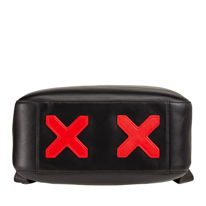 Black leather bag with two red X's on the front