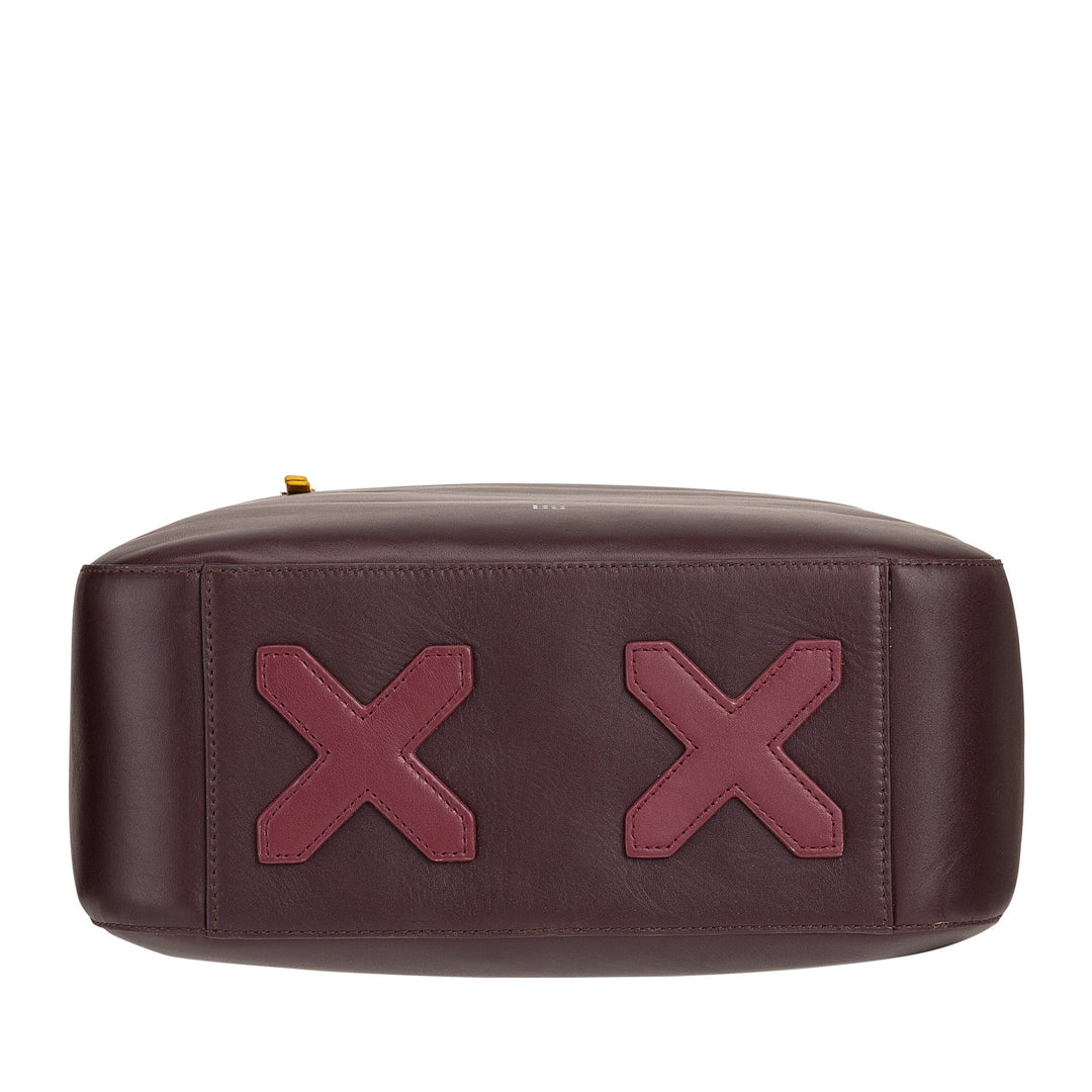 Dark brown leather bag with red X-shaped patches on the bottom