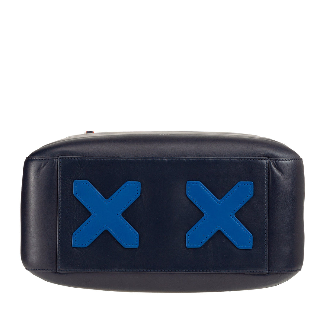 Black leather bag with blue 'X' patches