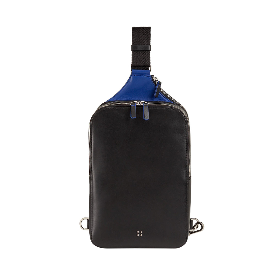 Black leather sling bag with blue accents and silver zippers