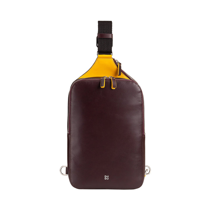 Sleek maroon leather crossbody sling bag with yellow interior and adjustable strap