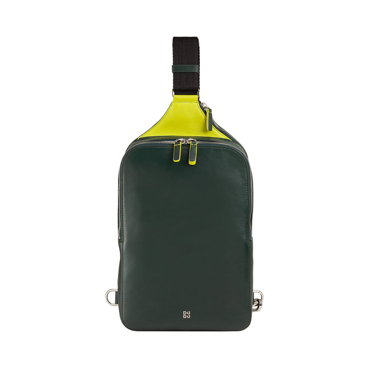 sleek green leather sling backpack with yellow accents