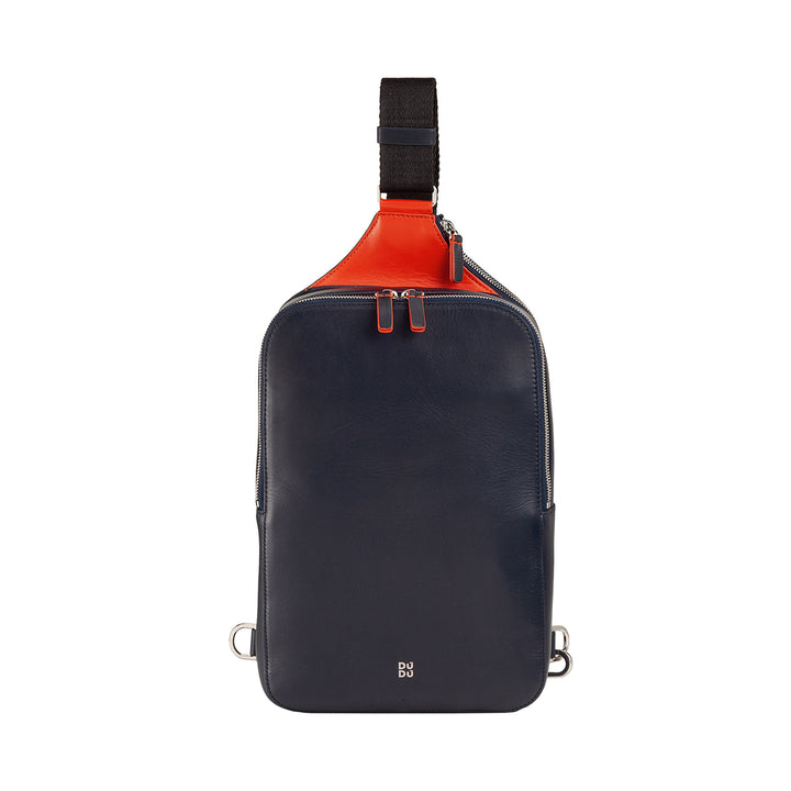 Navy blue crossbody leather bag with orange accents and black strap